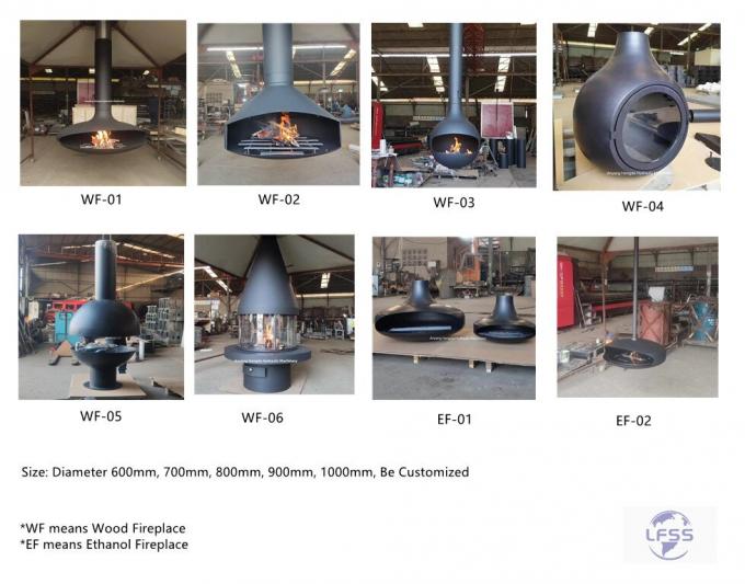 Suspended wood burning fireplace indoor steel custom black paint decorative 1
