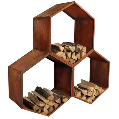 Outdoor Fireplace Hexagonal Wood Stacking Corten Steel Firewood Log Rack