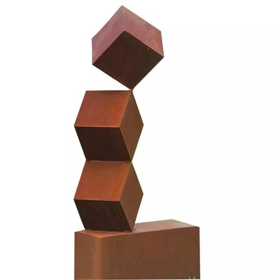 Large Garden Cube Shape Rusty Metal Statues Corten Steel Outdoor Sculpture