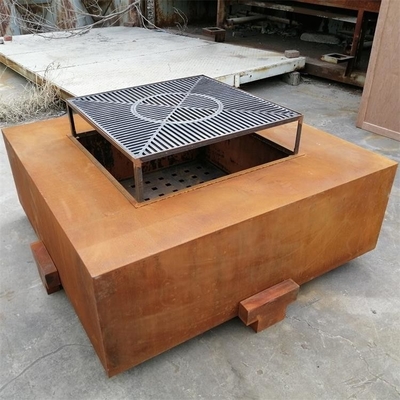 Large Corten Steel Wood Burning Square Fire Pit Table For Outdoor Cooking