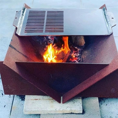 Custom Wood Burning Rusty Metal Corten Steel Geometric Fire Pit With Grill