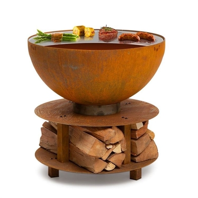 Camping Rusty Firewood Storage Brazier Corten Steel Round Fire Bowl Barbecue