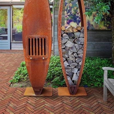 Large Garden Corten Steel Structure Sinking Canoe Shape Wood Storage Sculpture