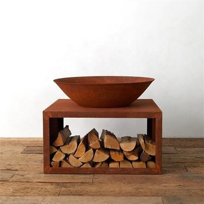 Outdoor Garden Modern Rusty Corten Steel Fire Bowl With Log Storage