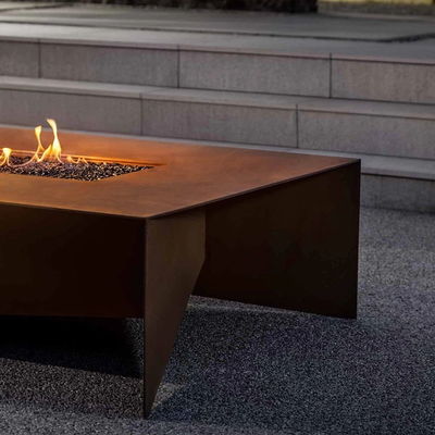 Modern Rusty Rectangular Fold Corten Steel Gas Fire Pit Table