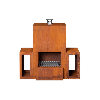 Custom Outdoor Freestanding Wood Burning Corten Steel Fireplace With Wood Storage