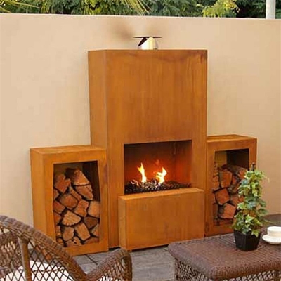 Custom Outdoor Freestanding Wood Burning Corten Steel Fireplace With Wood Storage