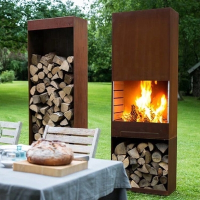 Outdoor Wood Burning Rectangular Column Corten Steel Fireplace Cooking Stove