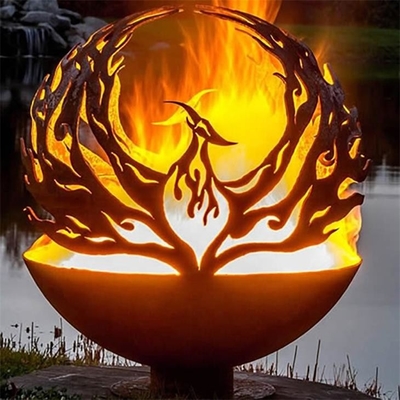 Outdoor Metal Hollow Ball Phoenix Pattern Corten Steel Sphere Fire Pit