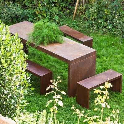 Natural Rusted Geometric Metal Furniture Corten Steel Outdoor Table With Bench Set