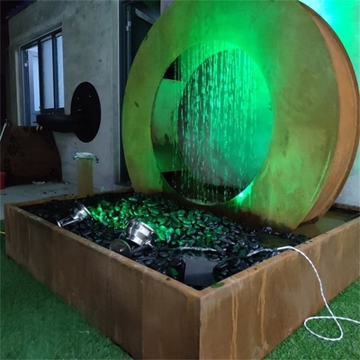 Round Waterfall Cascade Corten Steel Water Feature Fountain With LED Light