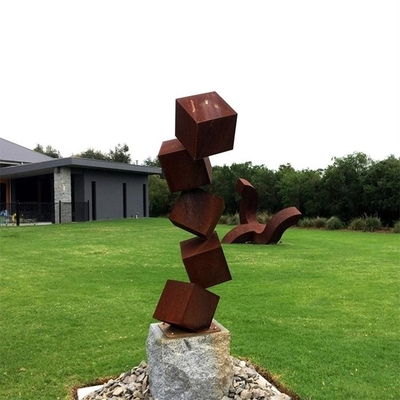 Large Garden Cube Shape Rusty Metal Statues Corten Steel Outdoor Sculpture