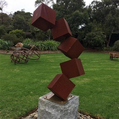 Large Garden Cube Shape Rusty Metal Statues Corten Steel Outdoor Sculpture