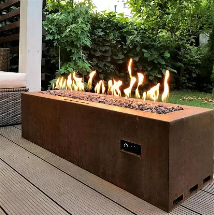 Rectangle Hidden LP Tank Corten Steel Gas Fire Pit Table For Backyard