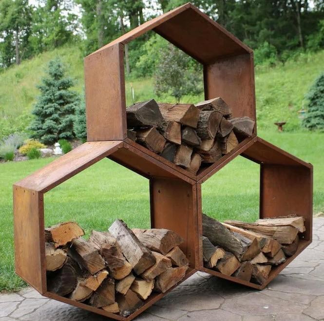 Heavy Duty Hexagon Rustic Corten Steel Firewood Storage Log Rack