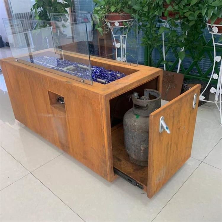 Rectangle Hidden LP Tank Corten Steel Gas Fire Pit Table For Backyard