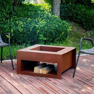 Backyard Rust Finish Wood Burning Corten Steel Cube Fire Pit With Wood Storage