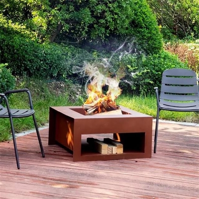 Backyard Rust Finish Wood Burning Corten Steel Cube Fire Pit With Wood Storage