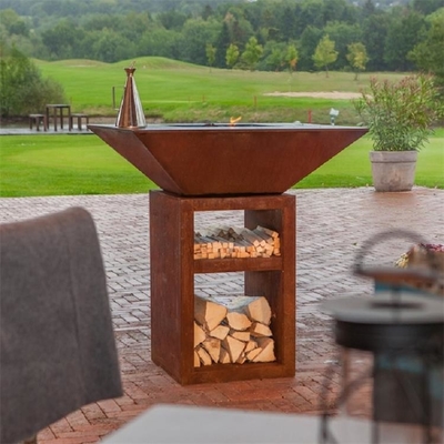 Outdoor Kitchen Tall Base Square Corten Steel Wood Burning Fire Pit Grill