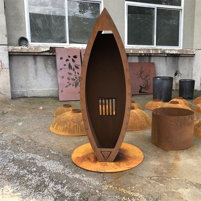 Large Garden Corten Steel Structure Sinking Canoe Shape Wood Storage Sculpture