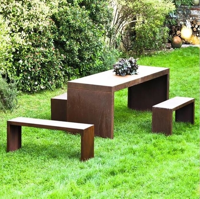 Natural Rusted Geometric Metal Furniture Corten Steel Outdoor Table With Bench Set