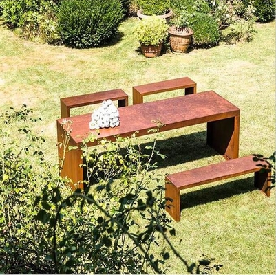 Natural Rusted Geometric Metal Furniture Corten Steel Outdoor Table With Bench Set