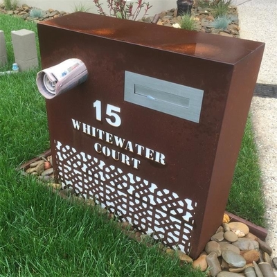 Laser Cut Rusted Look Rectangle Parcel Drop Box Corten Steel Letter Box