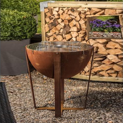 Large Semi Sphere Wood Burning Corten Steel Fire Bowl And Plancha Grill