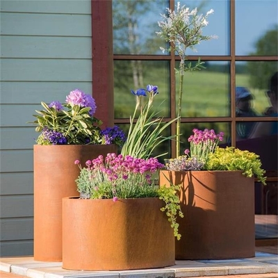 Decorative Metal Circular Flower Planters Corten Steel Cylinder Garden Pots